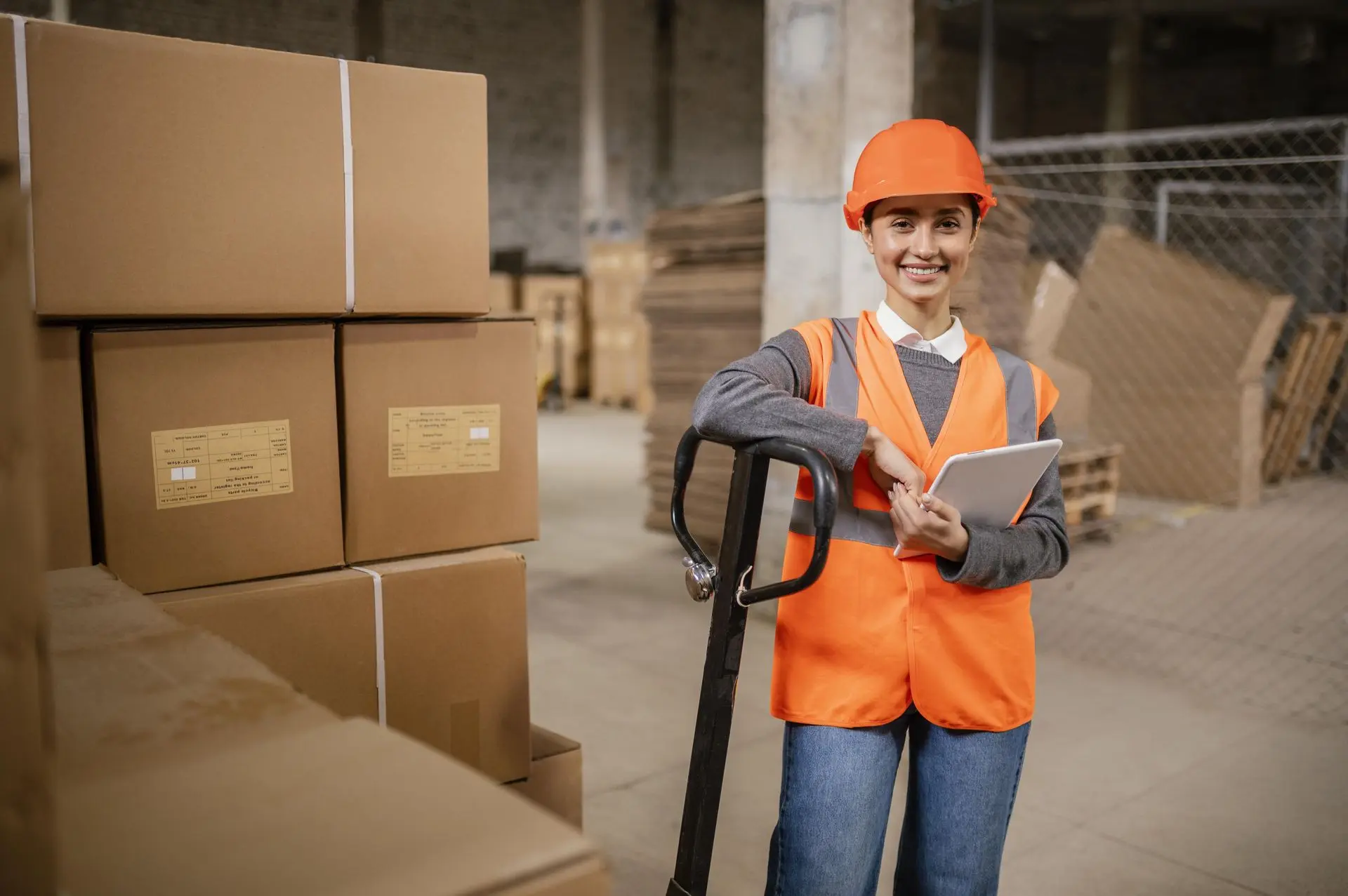 Employé logistique avec casque et gilet manipulant des colis en entrepôt