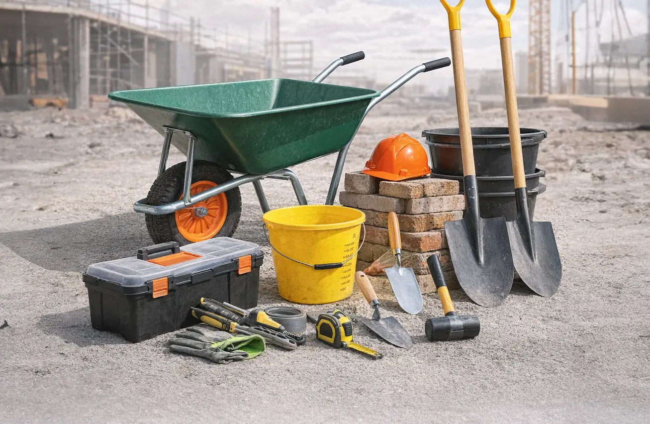 Outils de chantier incluant pelle, brouette et équipements professionnels