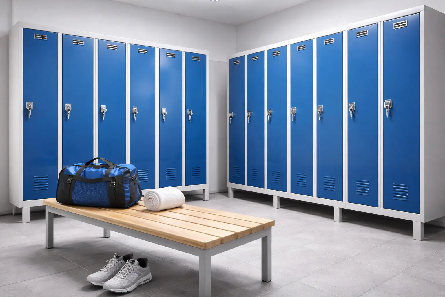 Vestiaire professionnel avec casiers et banc pour entreprise
