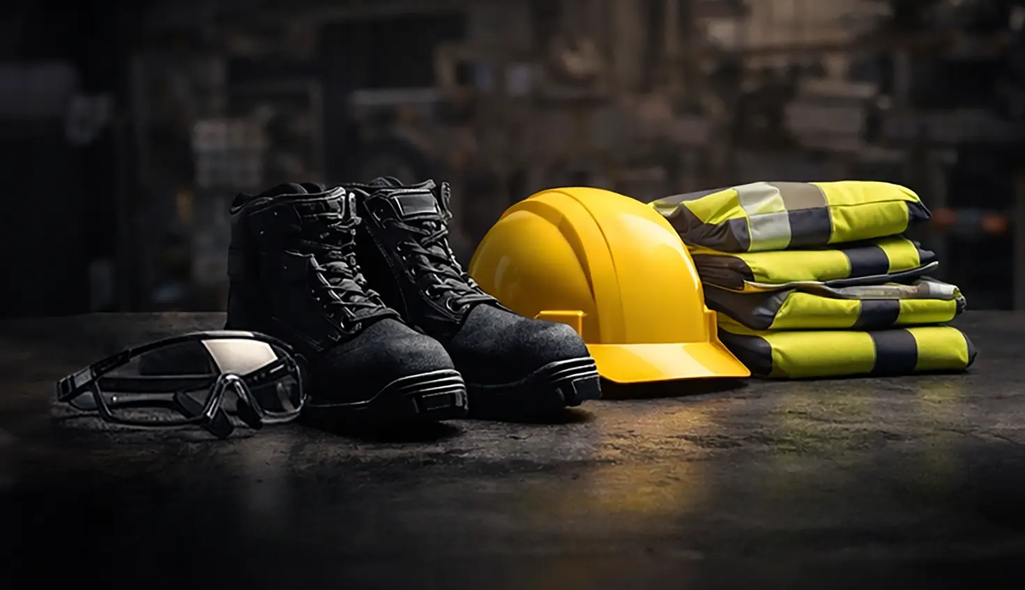 EPI Casque et gilets fluos avec chaussures de sécurité et lunettes de sécurité