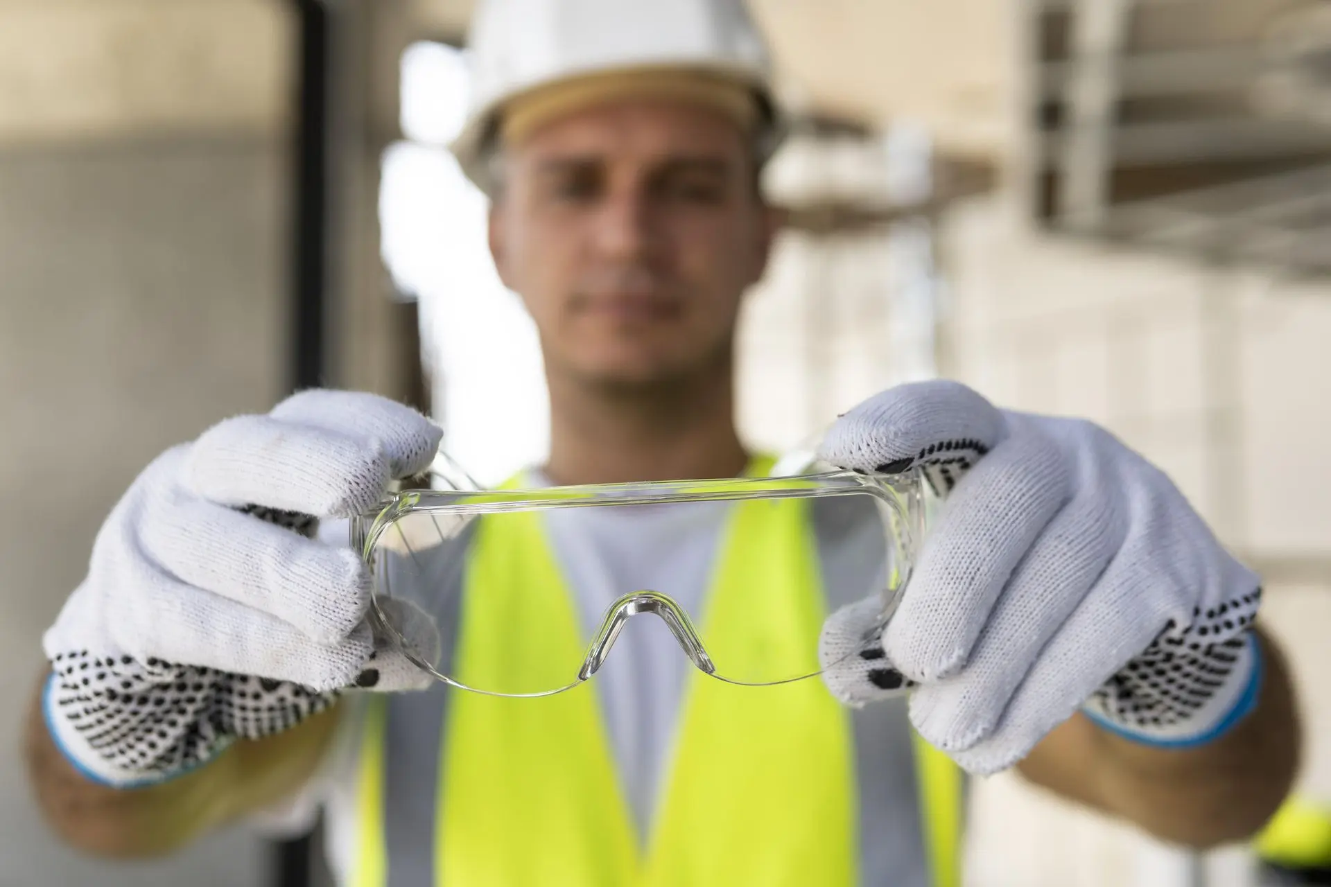 Lunettes de protection tenues par un professionnel avec gants